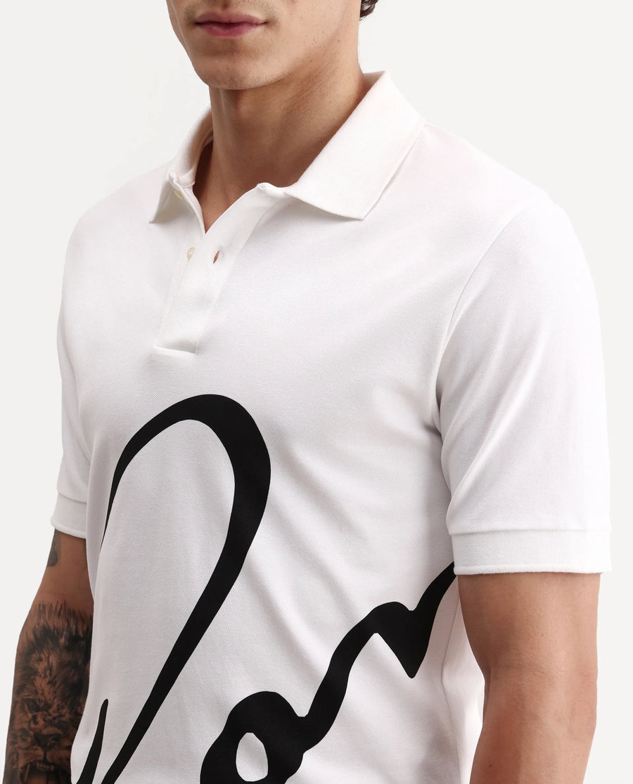 Rare Rabbit Men's Jefra White Cotton Blend Regular Fit Half Sleeves Graphic Print Polo