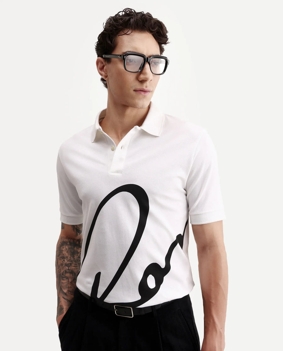 Rare Rabbit Men's Jefra White Cotton Blend Regular Fit Half Sleeves Graphic Print Polo