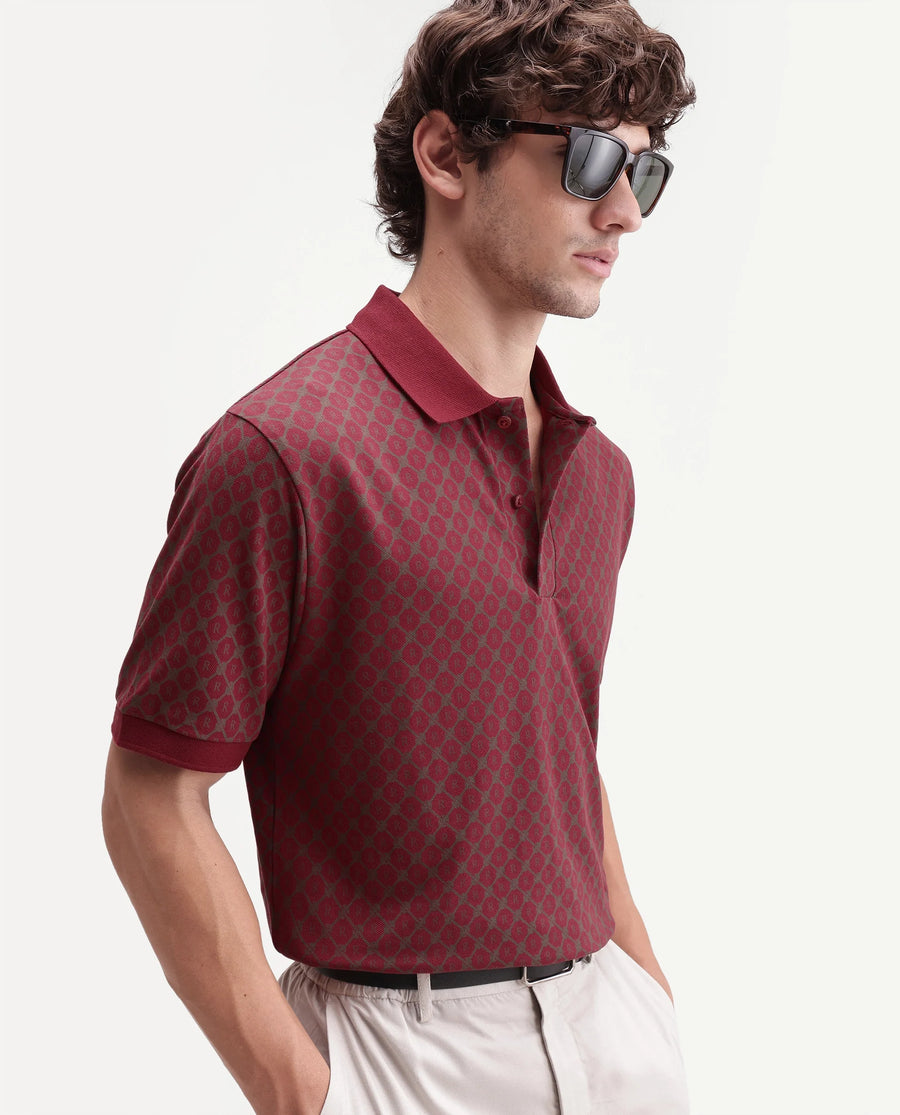 Rare Rabbit Men's Post-P Dark Red Cotton Blend Spread Collar Regular Monogram Print Polo