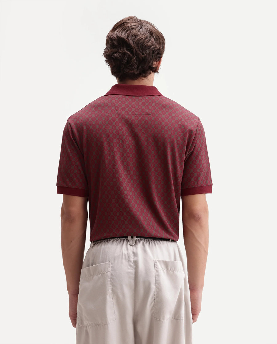 Rare Rabbit Men's Post-P Dark Red Cotton Blend Spread Collar Regular Monogram Print Polo