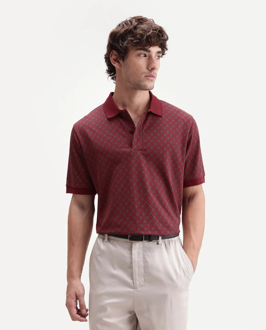Rare Rabbit Men's Post-P Dark Red Cotton Blend Spread Collar Regular Monogram Print Polo