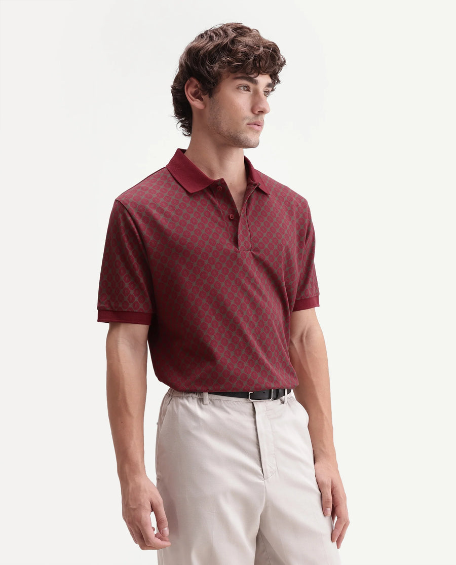 Rare Rabbit Men's Post-P Dark Red Cotton Blend Spread Collar Regular Monogram Print Polo