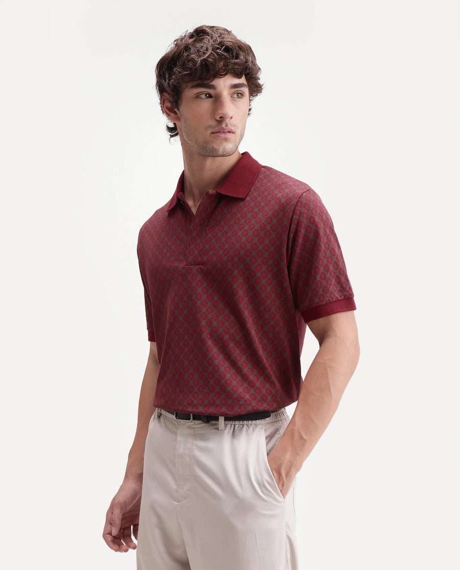Rare Rabbit Men's Post-P Dark Red Cotton Blend Spread Collar Regular Monogram Print Polo