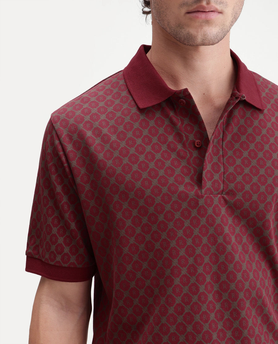 Rare Rabbit Men's Post-P Dark Red Cotton Blend Spread Collar Regular Monogram Print Polo