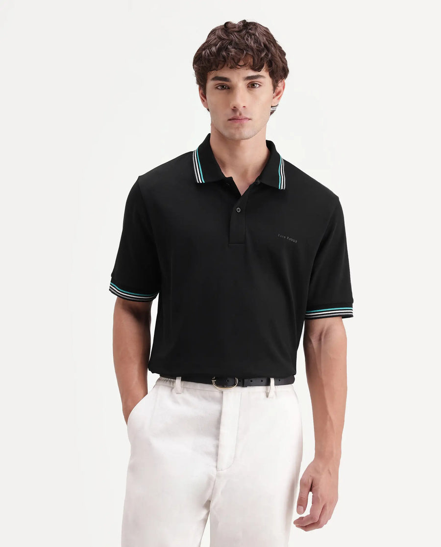 Rare Rabbit Men's Dren Black Cotton Blend Spread Collar Regular Plain Polo