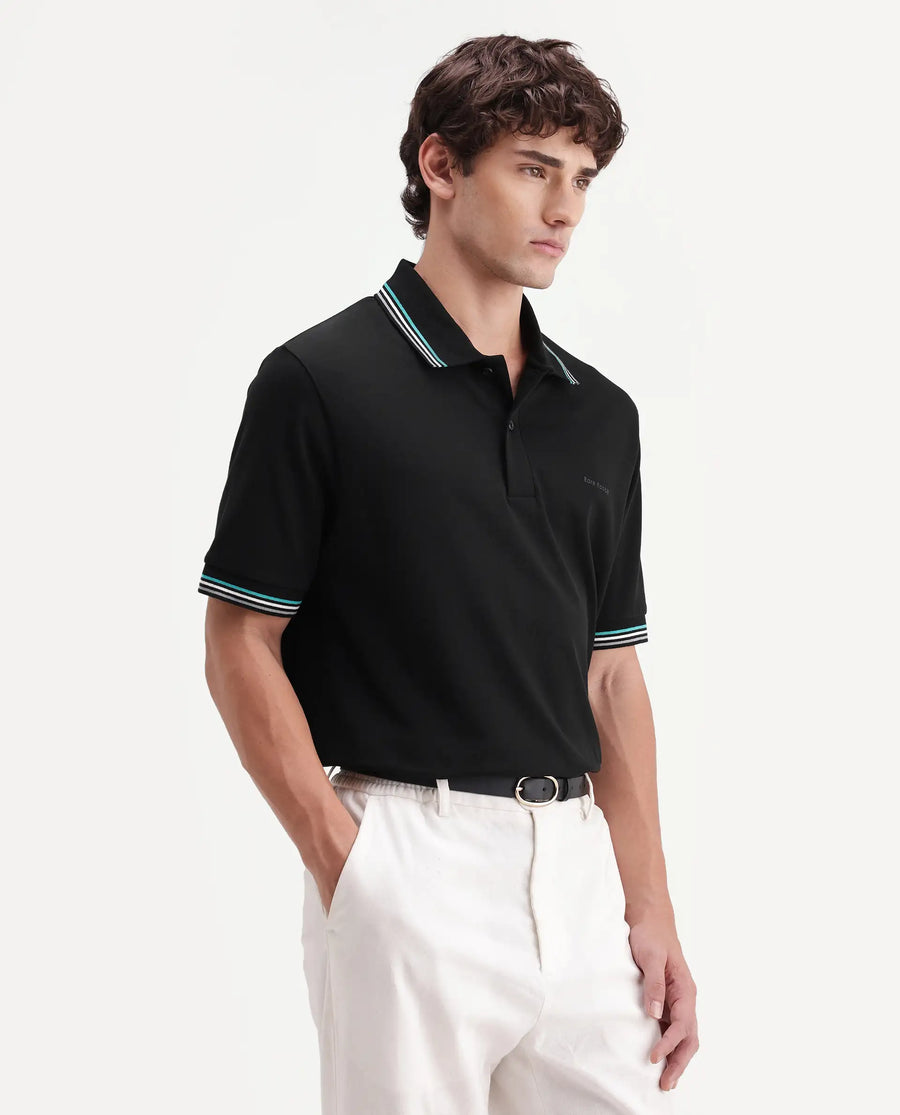 Rare Rabbit Men's Dren Black Cotton Blend Spread Collar Regular Plain Polo