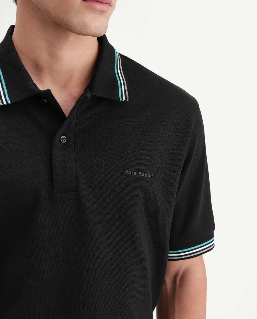 Rare Rabbit Men's Dren Black Cotton Blend Spread Collar Regular Plain Polo