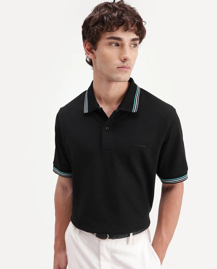 Rare Rabbit Men's Dren Black Cotton Blend Spread Collar Regular Plain Polo