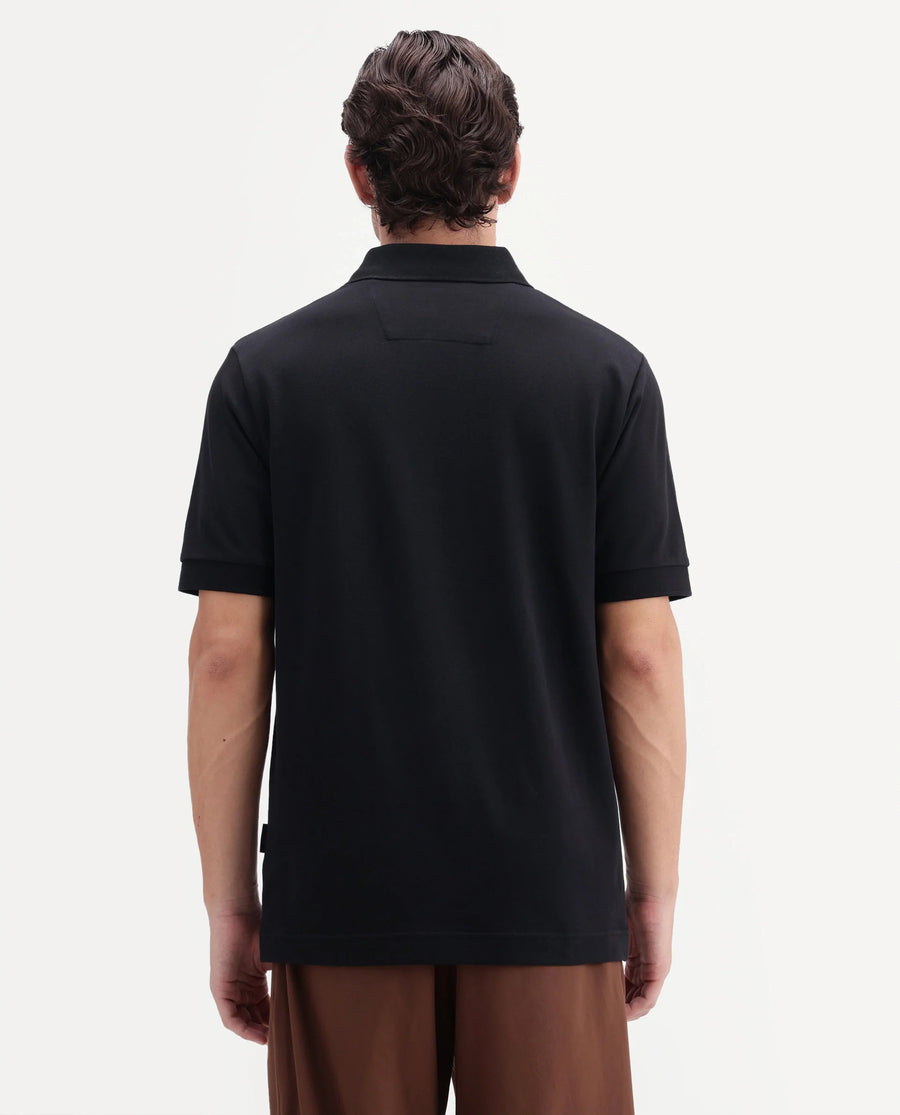 Rare Rabbit Men's Gael Black Cotton Blend Spread Collar Regular Graphic Print Polo