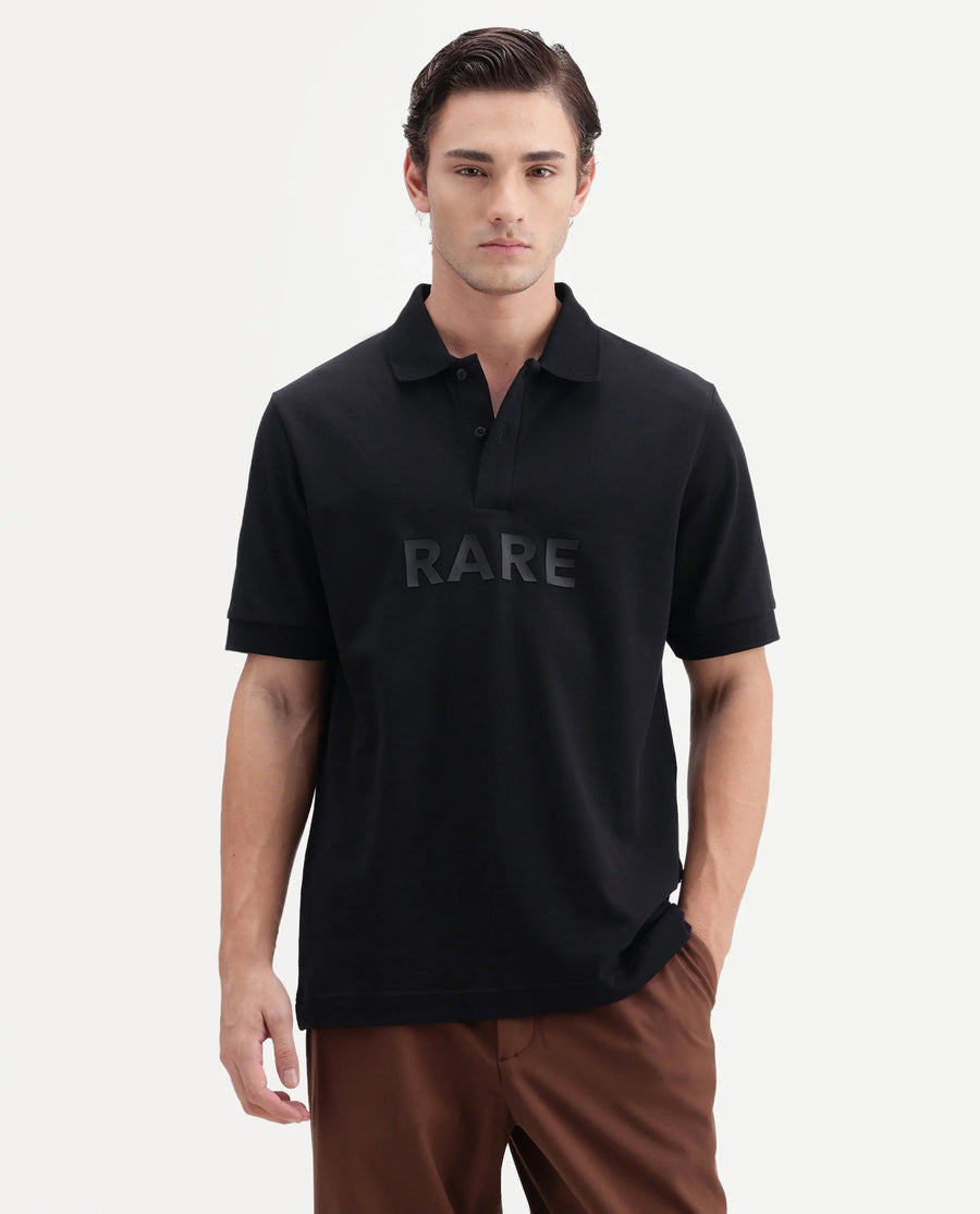 Rare Rabbit Men's Gael Black Cotton Blend Spread Collar Regular Graphic Print Polo