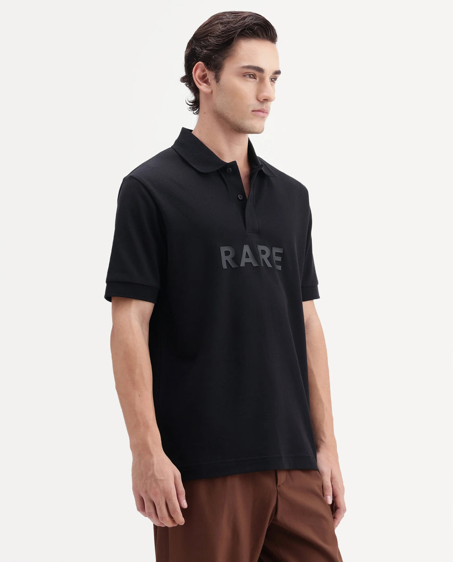 Rare Rabbit Men's Gael Black Cotton Blend Spread Collar Regular Graphic Print Polo