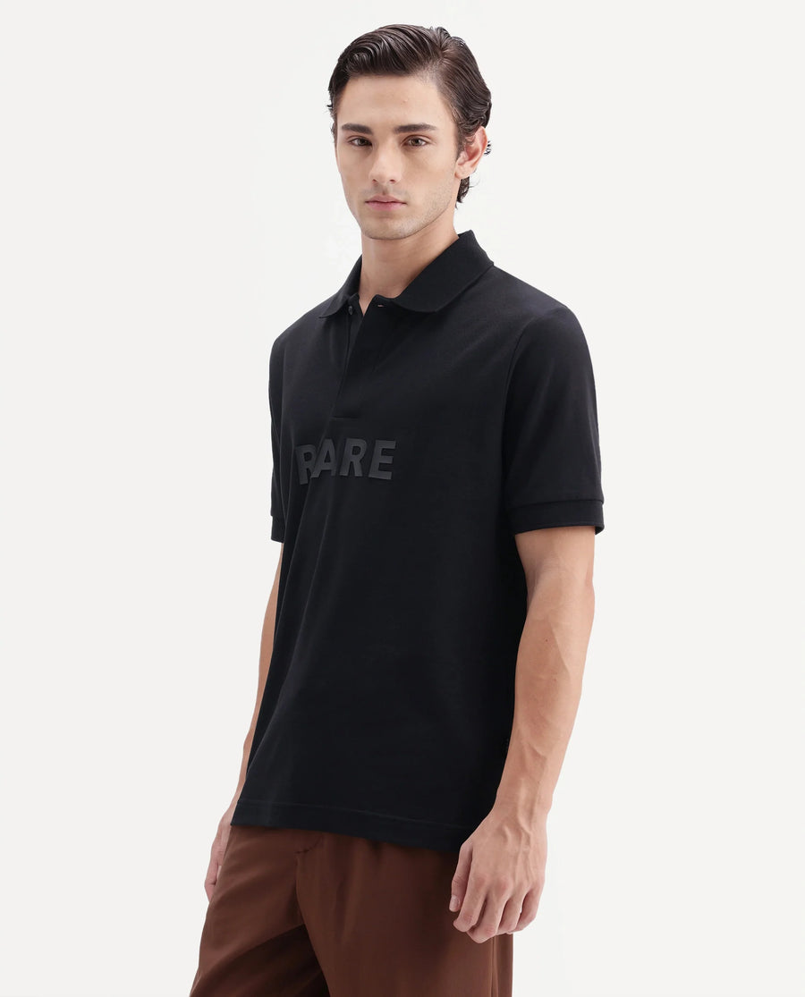 Rare Rabbit Men's Gael Black Cotton Blend Spread Collar Regular Graphic Print Polo