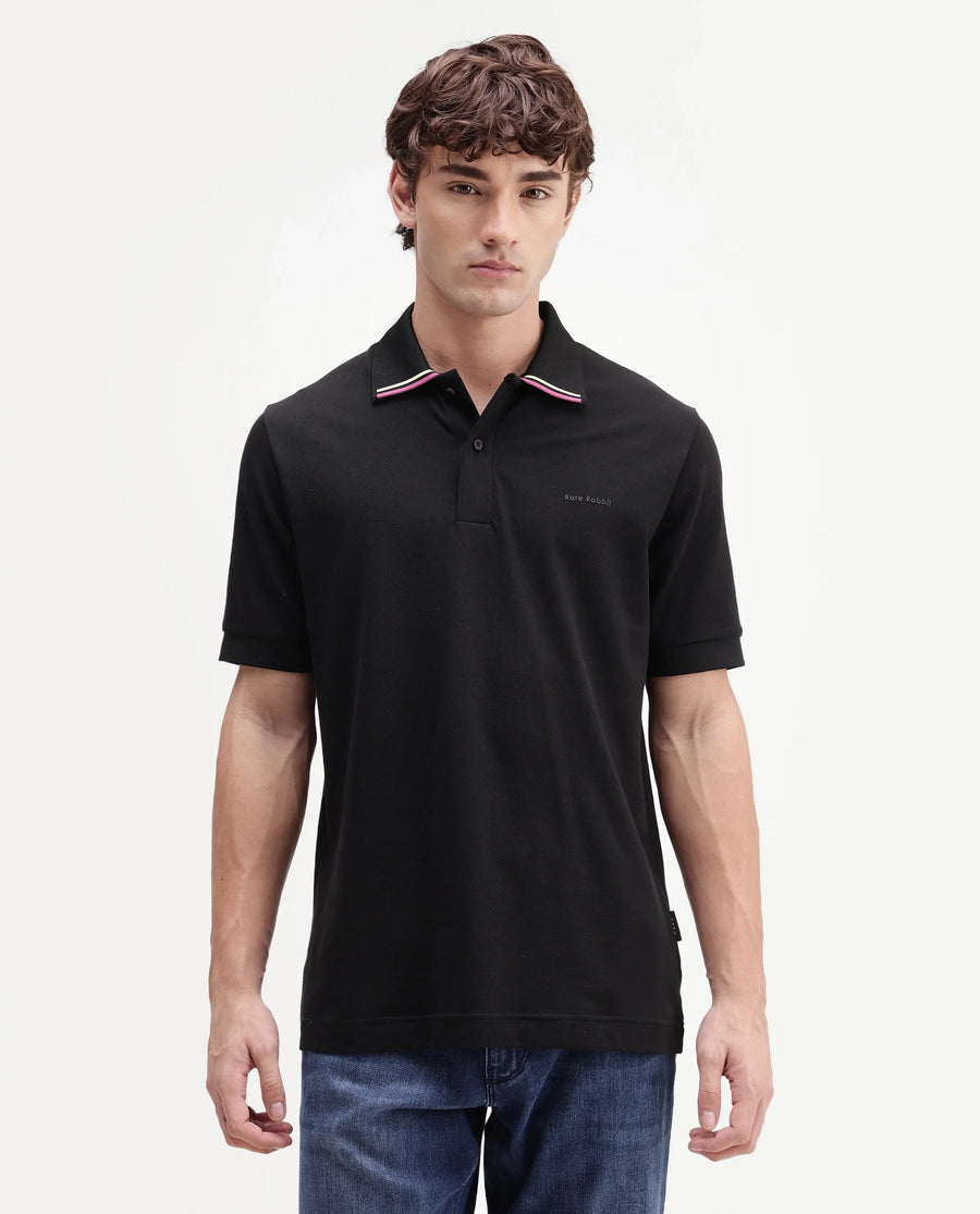 Rare Rabbit Men's Eris Black Cotton Blend Spread Collar Regular Plain Polo