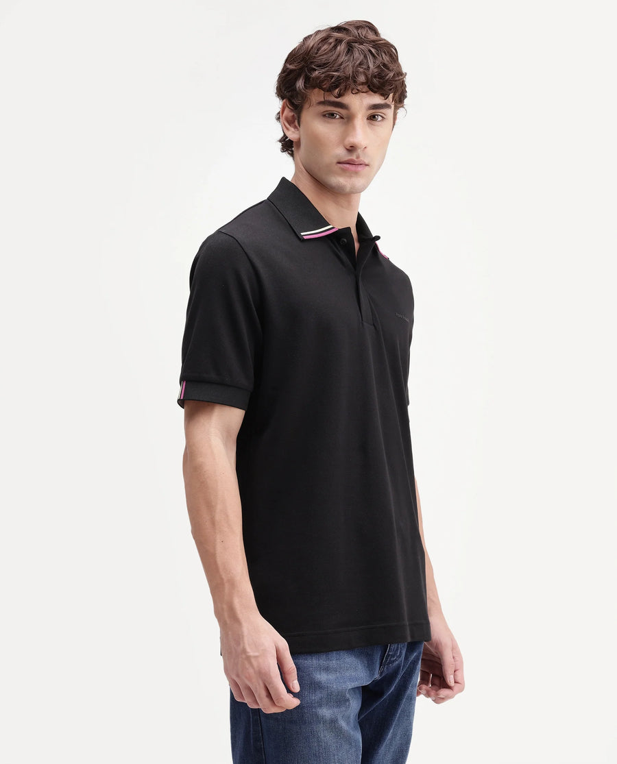 Rare Rabbit Men's Eris Black Cotton Blend Spread Collar Regular Plain Polo