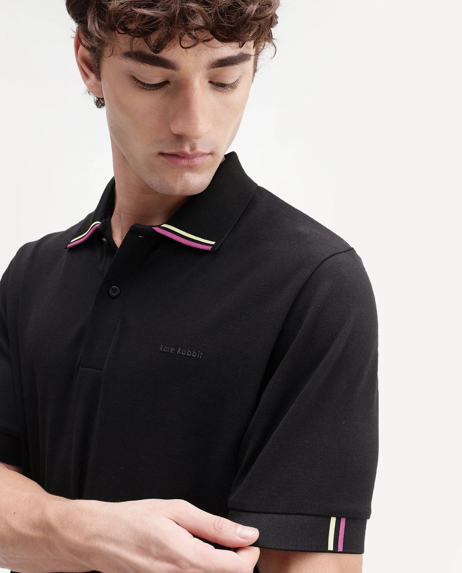Rare Rabbit Men's Eris Black Cotton Blend Spread Collar Regular Plain Polo