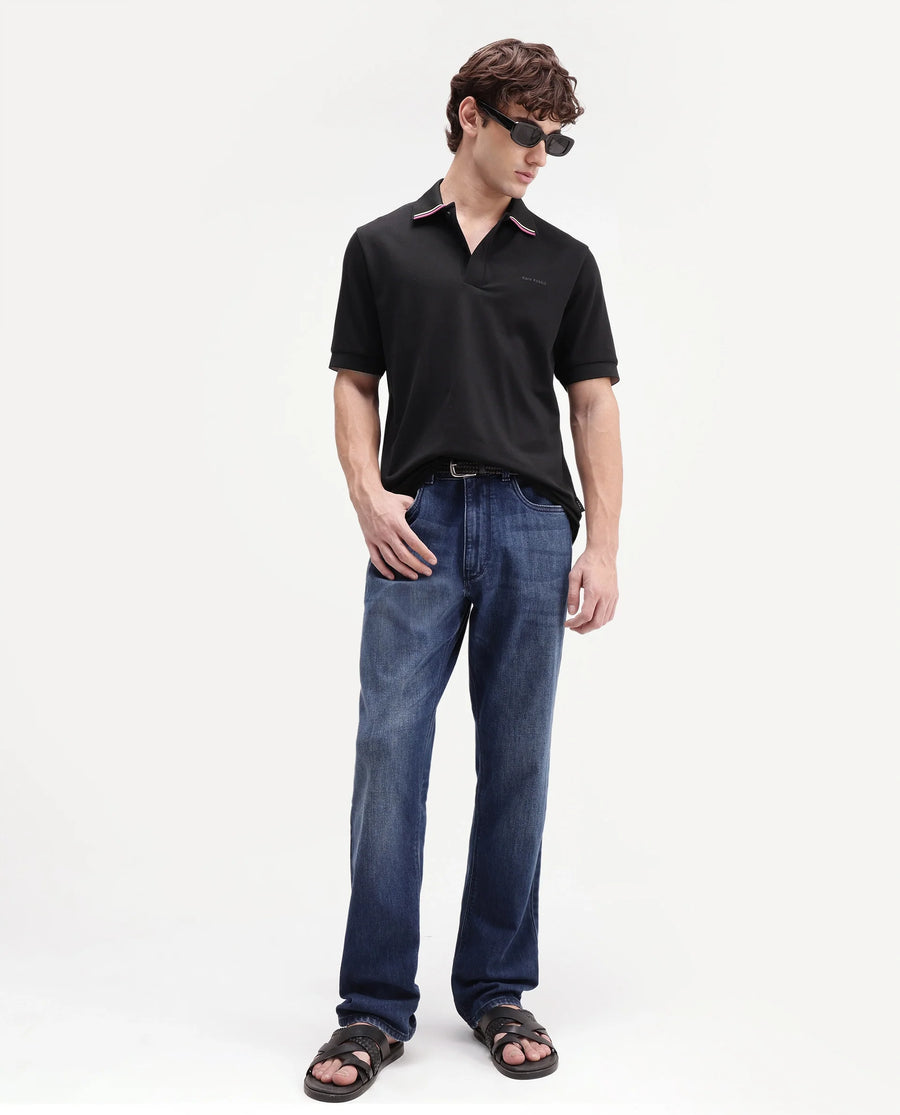 Rare Rabbit Men's Eris Black Cotton Blend Spread Collar Regular Plain Polo