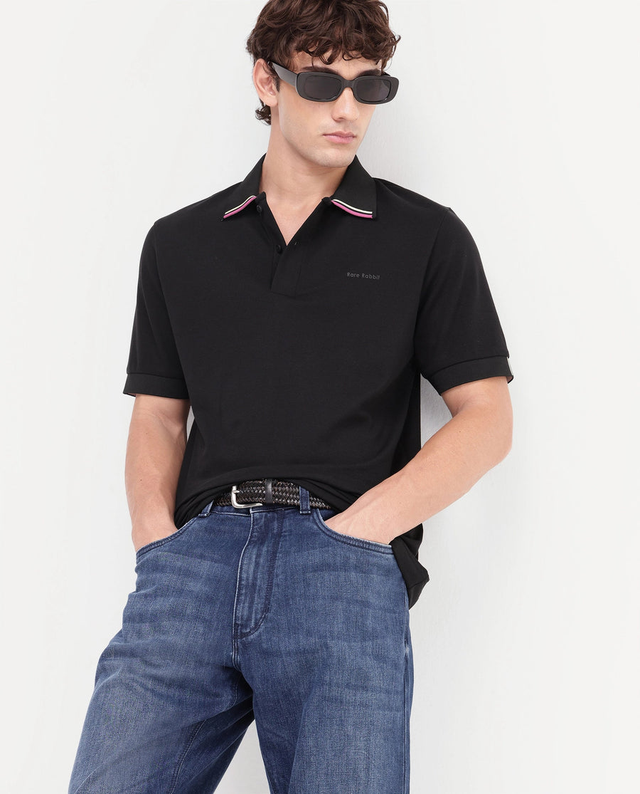 Rare Rabbit Men's Eris Black Cotton Blend Spread Collar Regular Plain Polo