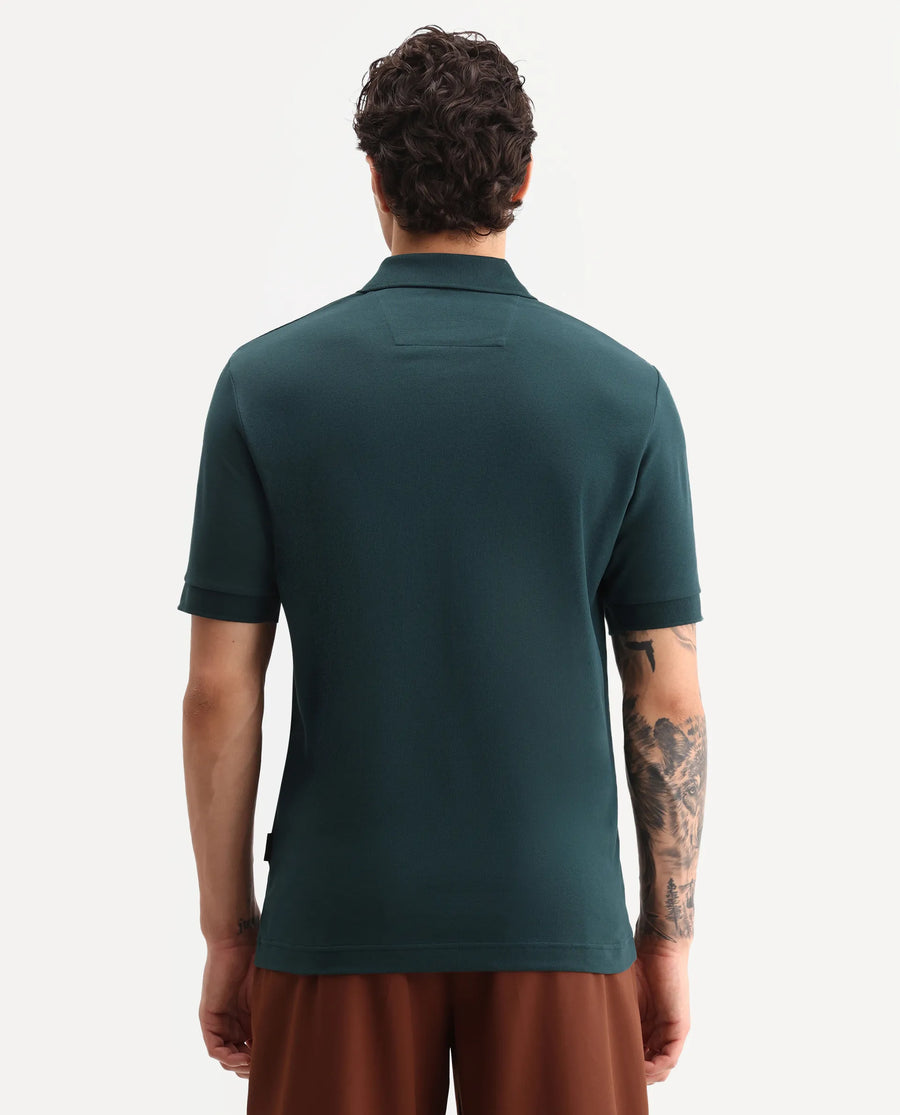 Rare Rabbit Men's Jefra Dark Green Cotton Blend Regular Fit Half Sleeves Graphic Print Polo