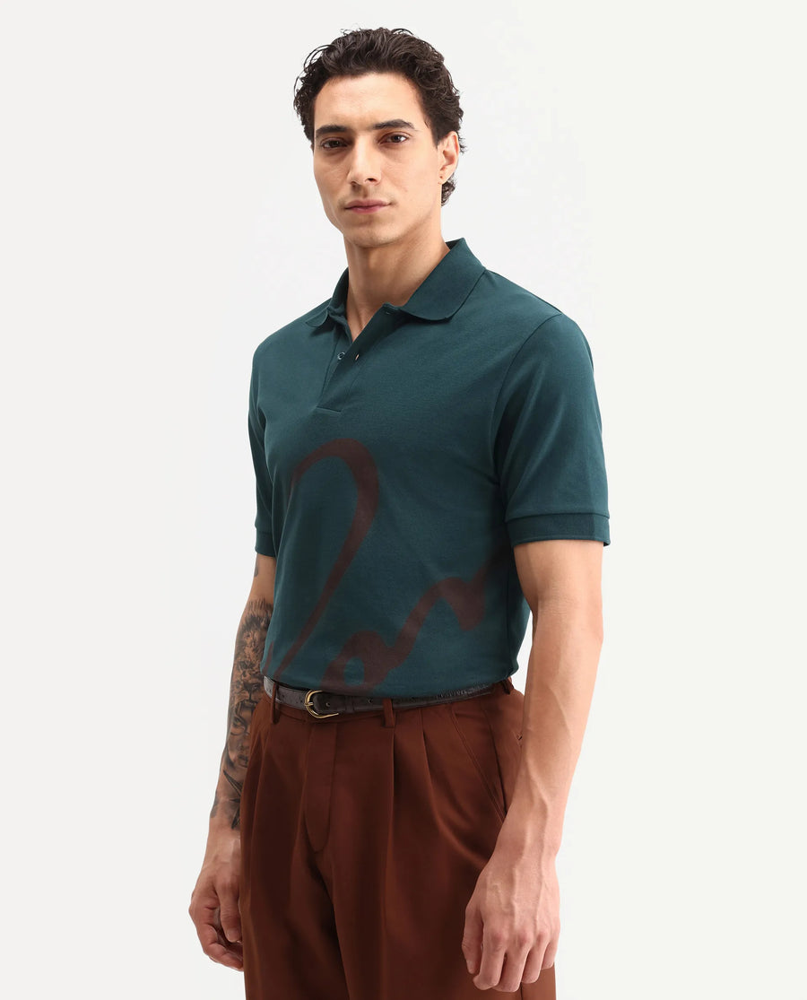 Rare Rabbit Men's Jefra Dark Green Cotton Blend Regular Fit Half Sleeves Graphic Print Polo