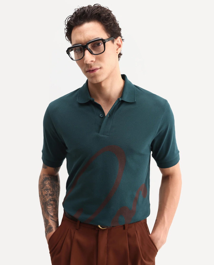 Rare Rabbit Men's Jefra Dark Green Cotton Blend Regular Fit Half Sleeves Graphic Print Polo