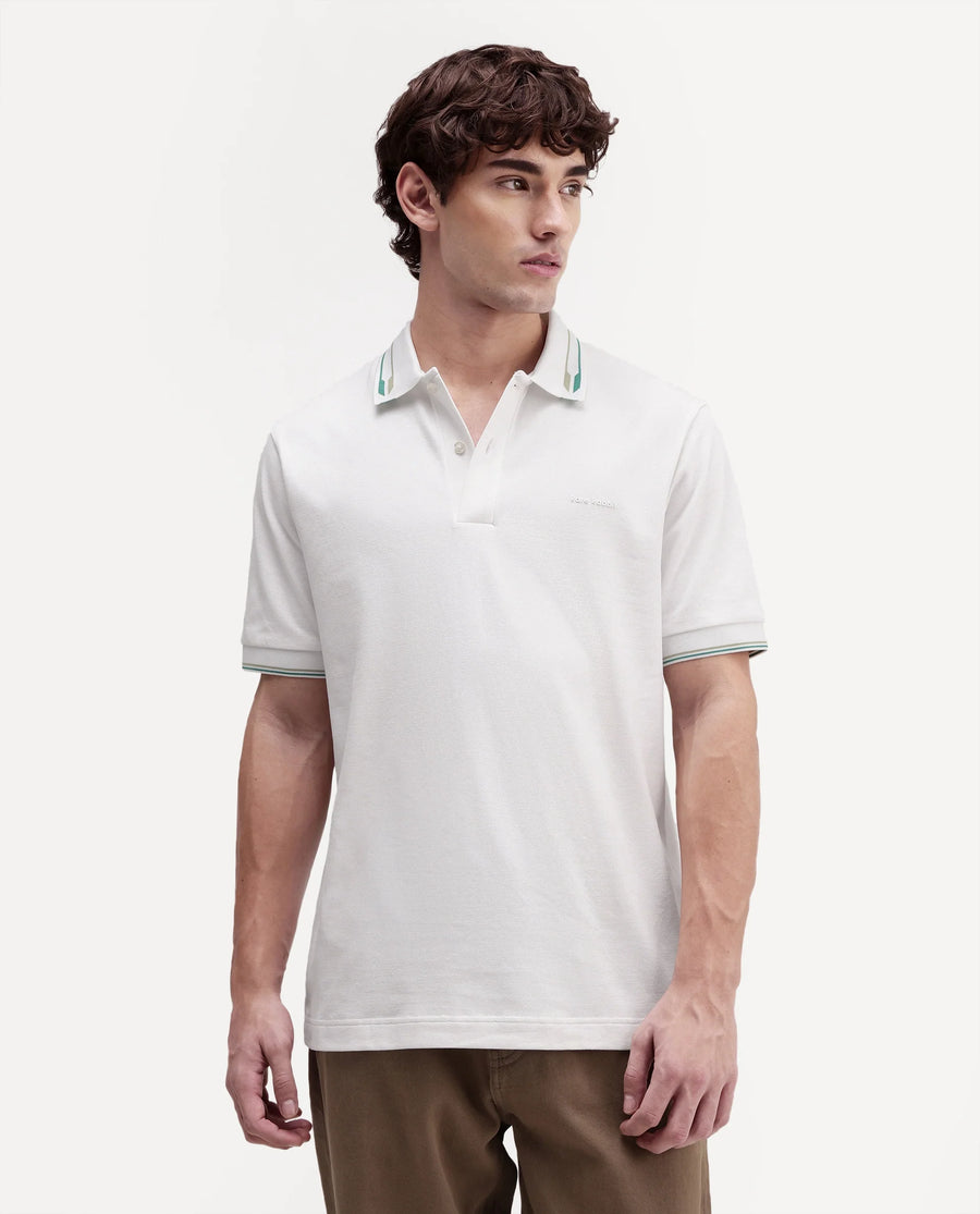 Rare Rabbit Men's Elank White Cotton Blend Spread Collar Regular Plain Polo