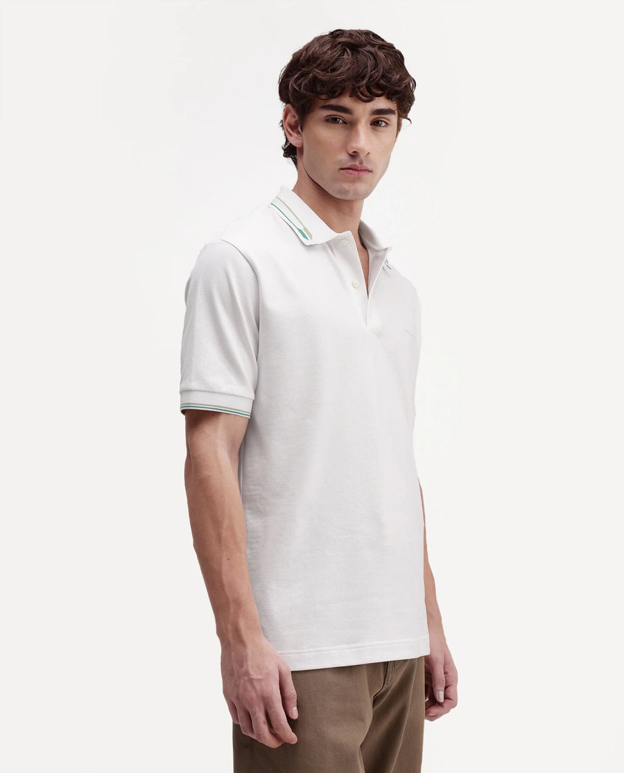 Rare Rabbit Men's Elank White Cotton Blend Spread Collar Regular Plain Polo