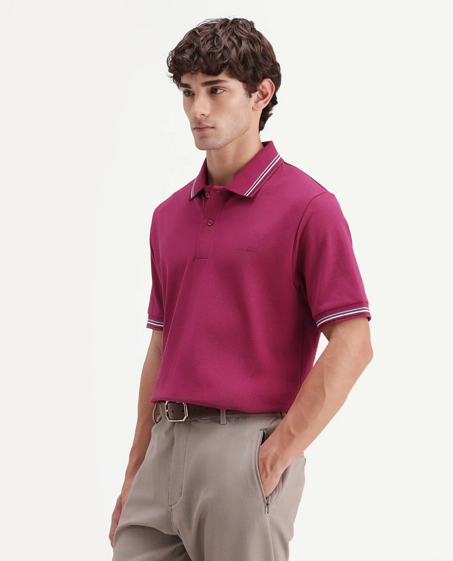 Rare Rabbit Men's Dren Fluorescent Pink Cotton Blend Spread Collar Regular Plain Polo