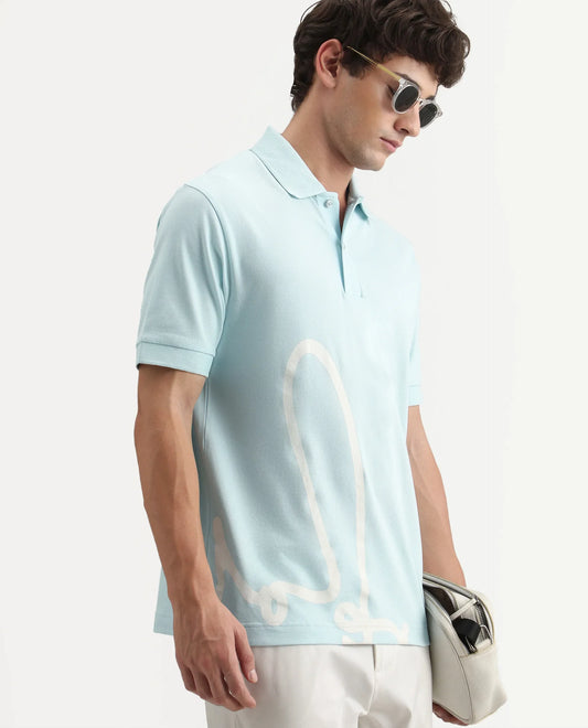 Rare Rabbit Men's Jefra-1 Light Blue Cotton Blend Regular Fit Half Sleeves Graphic Print Polo