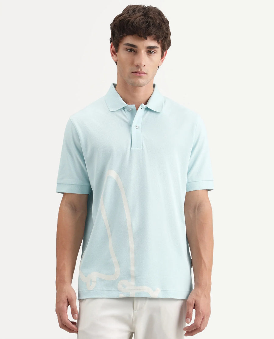Rare Rabbit Men's Jefra-1 Light Blue Cotton Blend Regular Fit Half Sleeves Graphic Print Polo