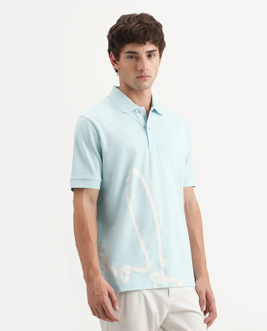 Rare Rabbit Men's Jefra-1 Light Blue Cotton Blend Regular Fit Half Sleeves Graphic Print Polo