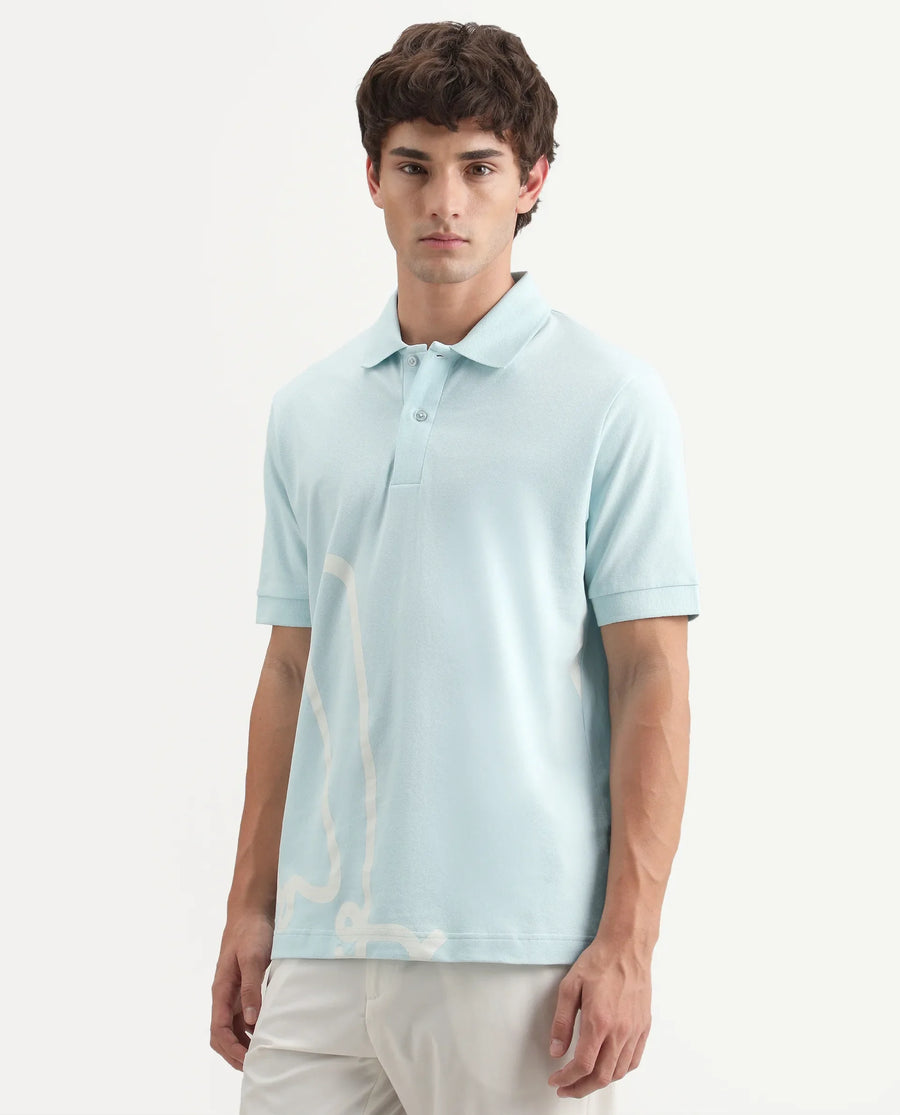 Rare Rabbit Men's Jefra-1 Light Blue Cotton Blend Regular Fit Half Sleeves Graphic Print Polo