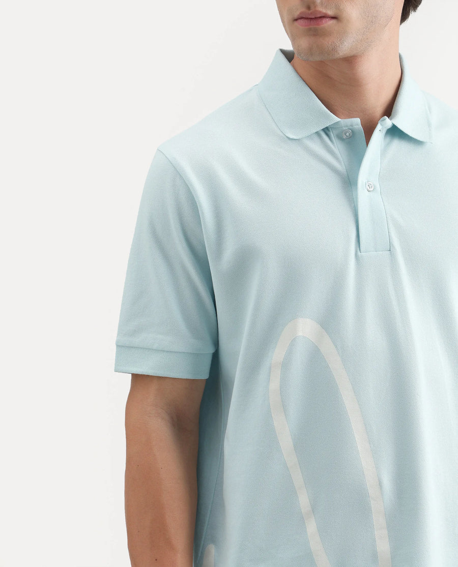 Rare Rabbit Men's Jefra-1 Light Blue Cotton Blend Regular Fit Half Sleeves Graphic Print Polo