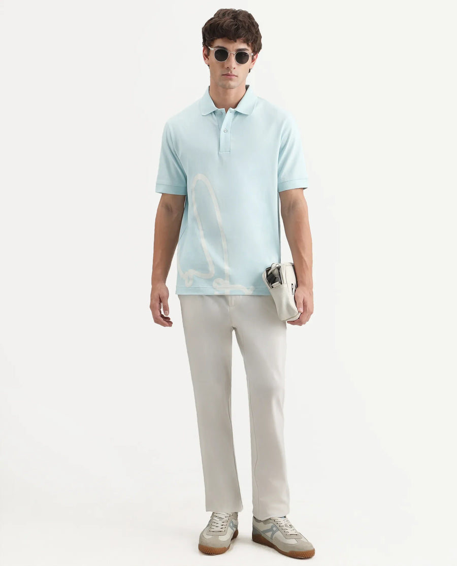 Rare Rabbit Men's Jefra-1 Light Blue Cotton Blend Regular Fit Half Sleeves Graphic Print Polo