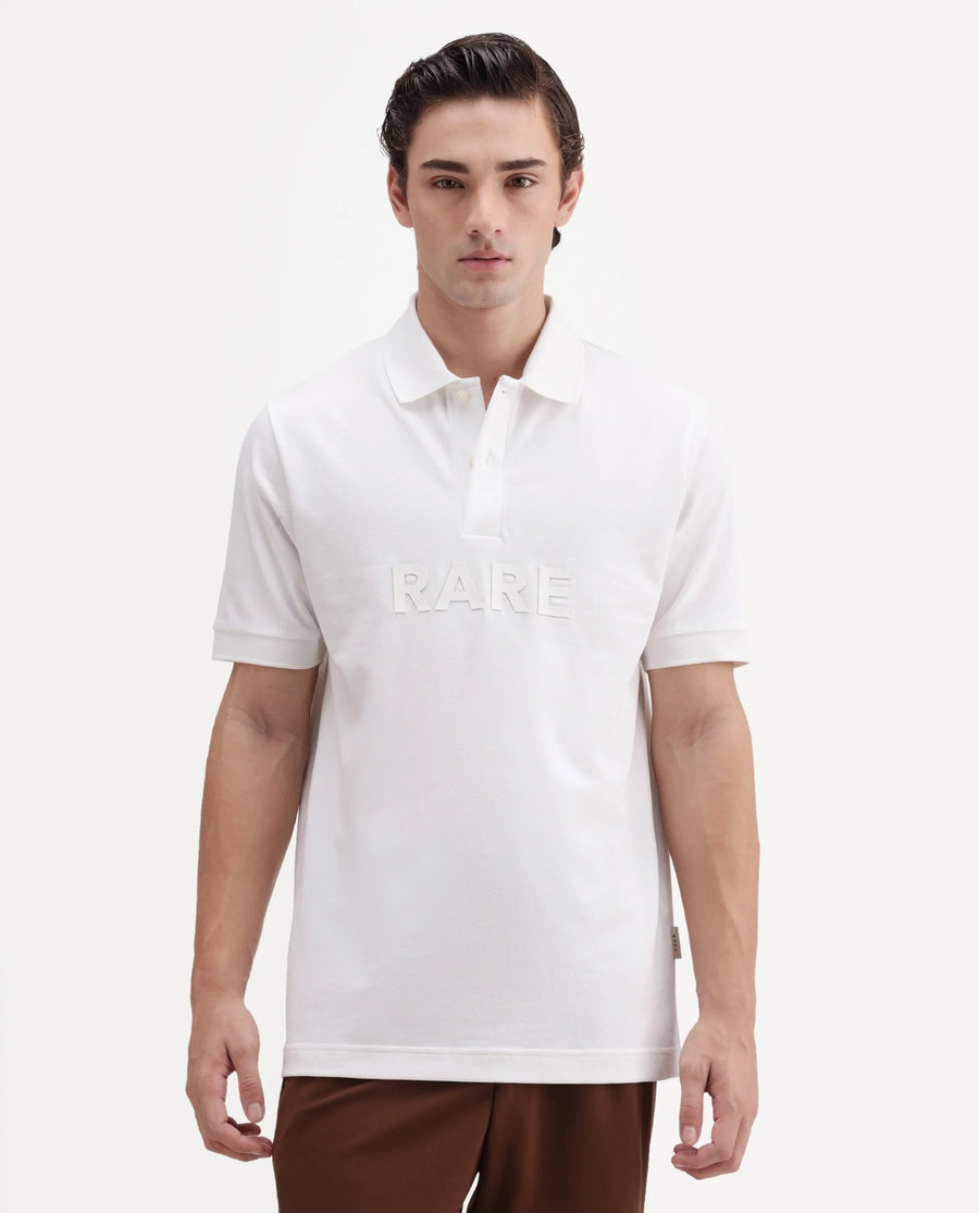 Rare Rabbit Men's Gael White Cotton Blend Spread Collar Regular Graphic Print Polo