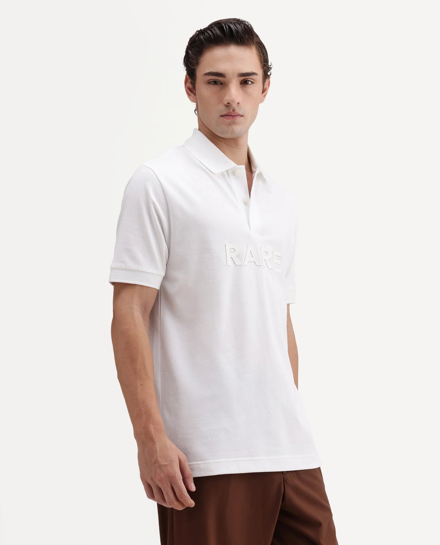 Rare Rabbit Men's Gael White Cotton Blend Spread Collar Regular Graphic Print Polo