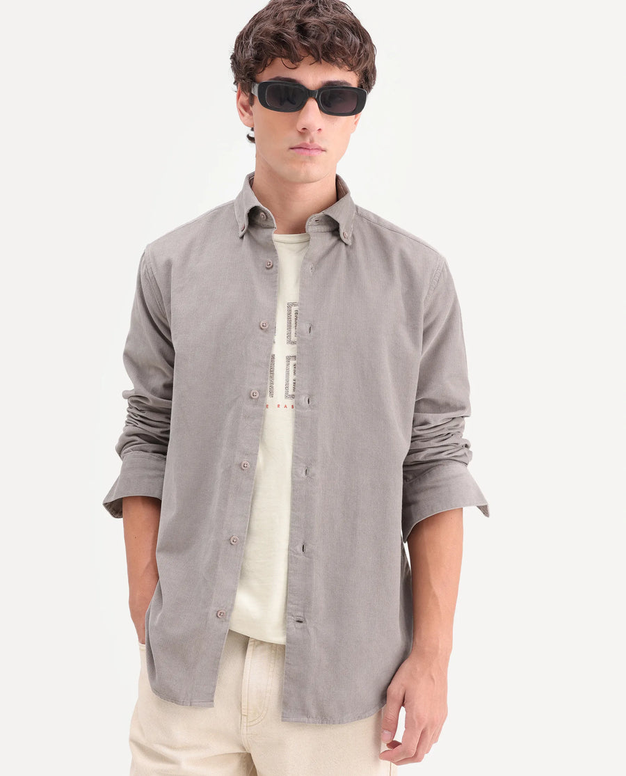Rare Rabbit Men's Buita-On Dusky Grey Cotton Fabric Button-Down Collar Regular Fit Plain Shirt