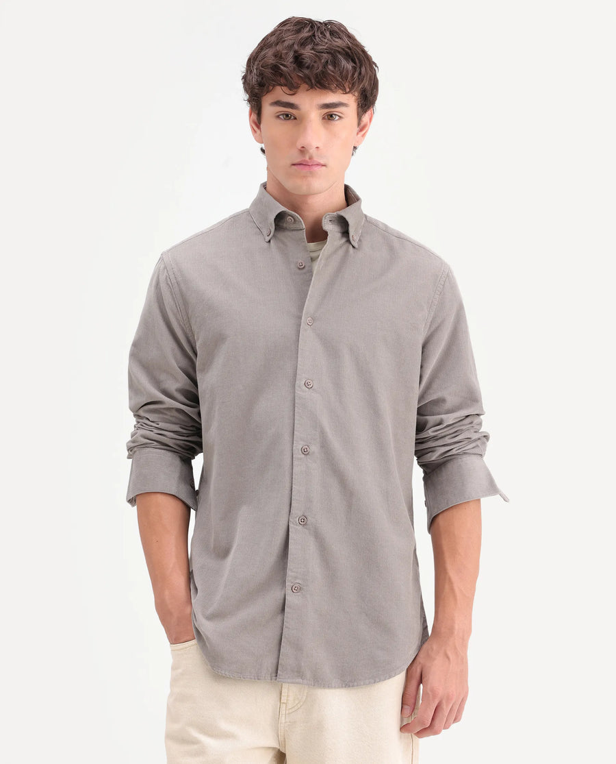 Rare Rabbit Men's Buita-On Dusky Grey Cotton Fabric Button-Down Collar Regular Fit Plain Shirt