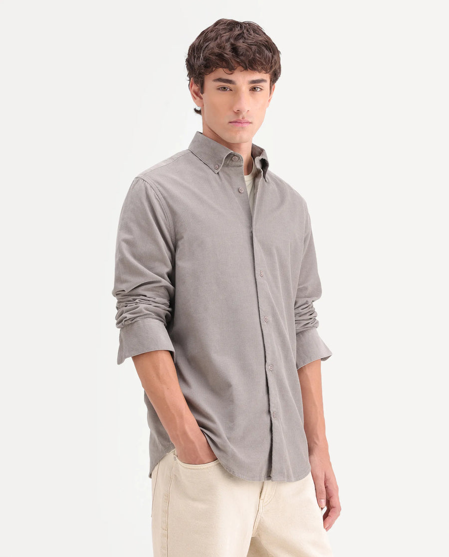 Rare Rabbit Men's Buita-On Dusky Grey Cotton Fabric Button-Down Collar Regular Fit Plain Shirt
