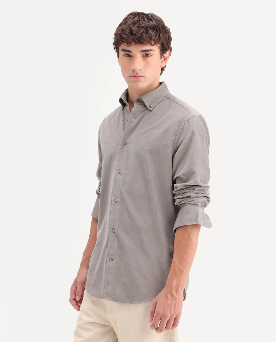 Rare Rabbit Men's Buita-On Dusky Grey Cotton Fabric Button-Down Collar Regular Fit Plain Shirt