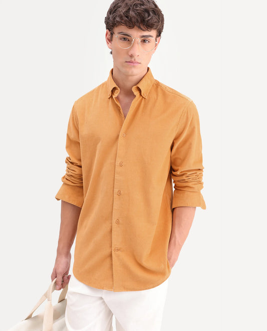 Rare Rabbit Men's Buita-On Mustard Cotton Fabric Button-Down Collar Regular Fit Plain Shirt