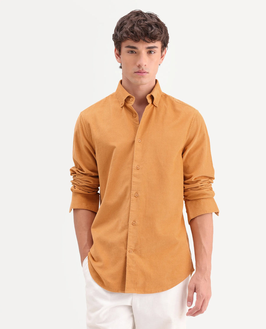 Rare Rabbit Men's Buita-On Mustard Cotton Fabric Button-Down Collar Regular Fit Plain Shirt