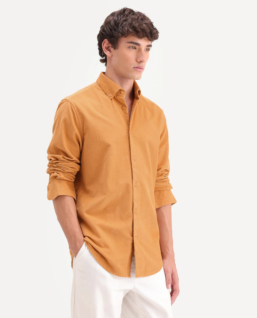 Rare Rabbit Men's Buita-On Mustard Cotton Fabric Button-Down Collar Regular Fit Plain Shirt