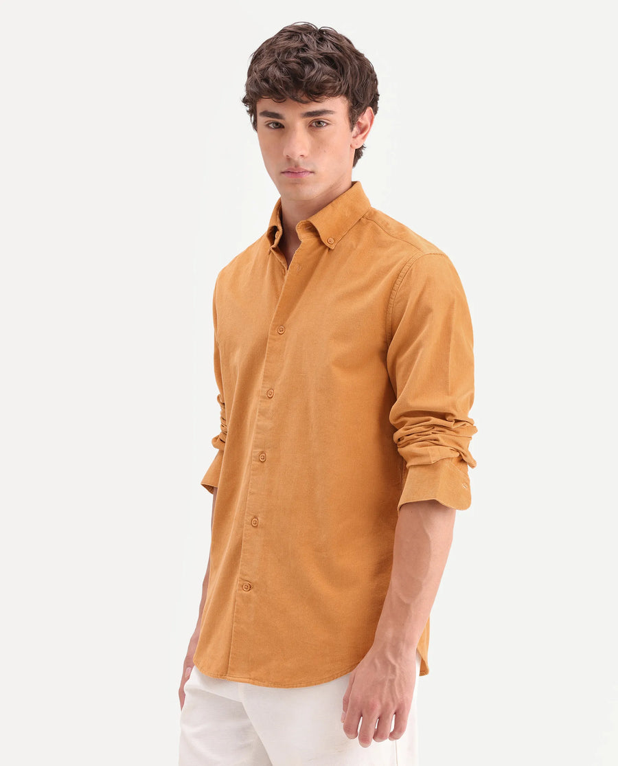 Rare Rabbit Men's Buita-On Mustard Cotton Fabric Button-Down Collar Regular Fit Plain Shirt