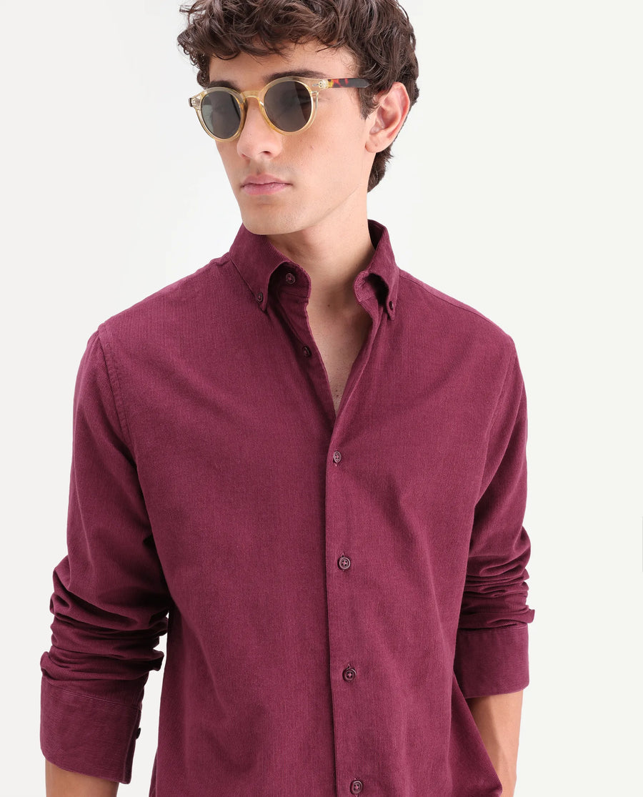 Rare Rabbit Men's Buita-On Red Cotton Fabric Button-Down Collar Regular Fit Plain Shirt