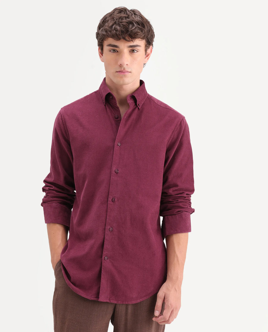 Rare Rabbit Men's Buita-On Red Cotton Fabric Button-Down Collar Regular Fit Plain Shirt