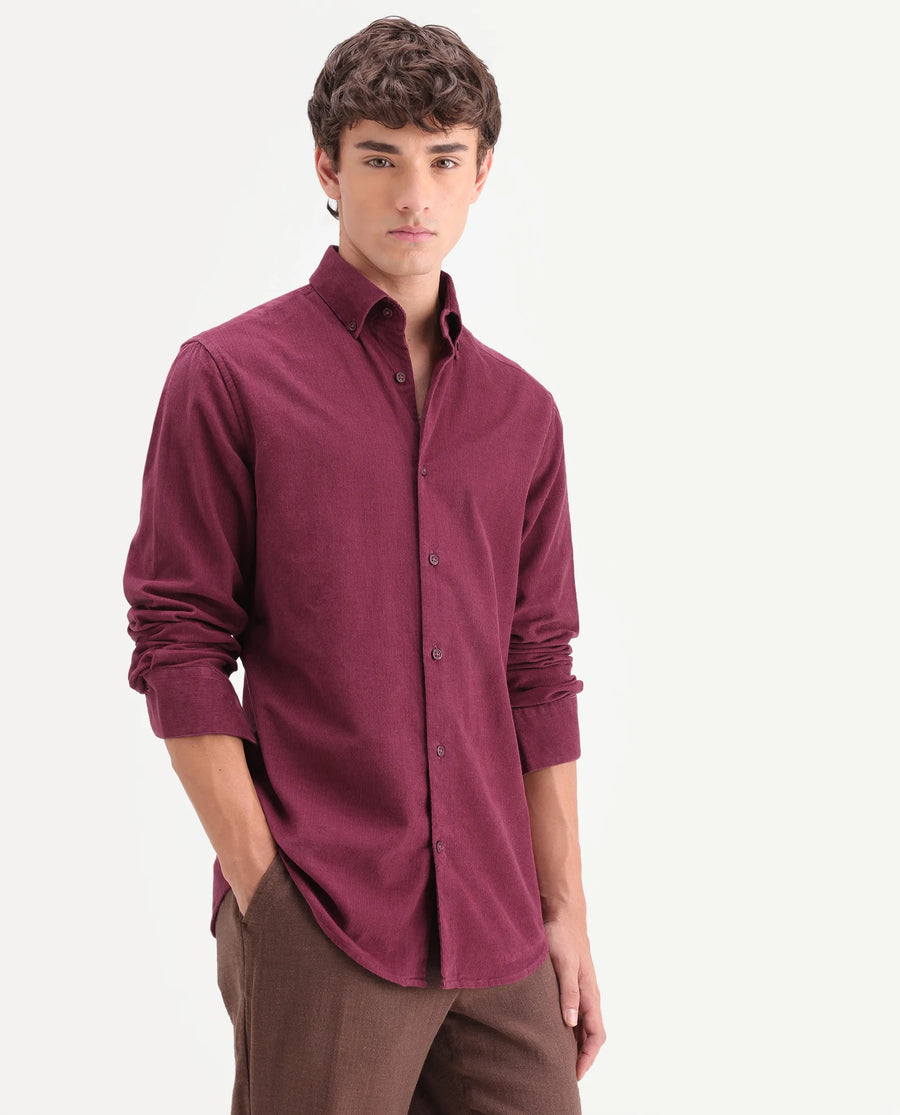 Rare Rabbit Men's Buita-On Red Cotton Fabric Button-Down Collar Regular Fit Plain Shirt
