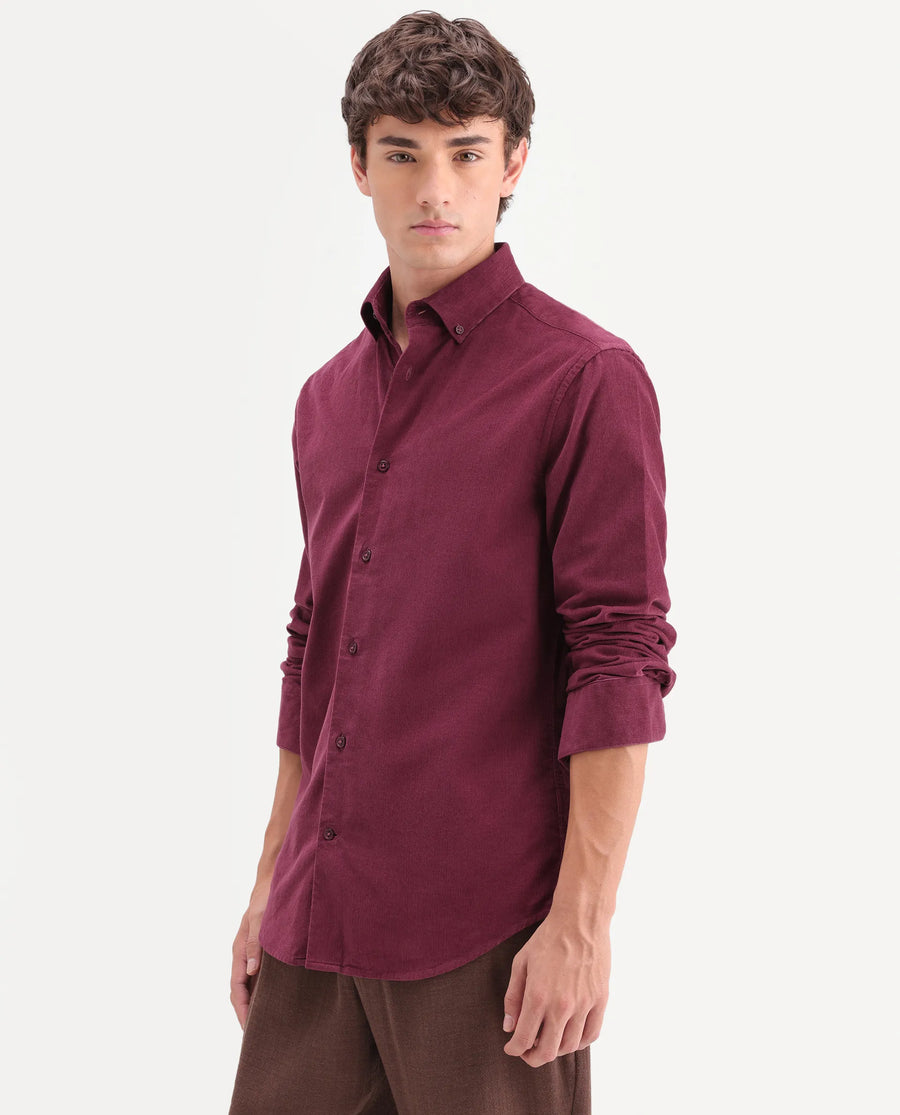Rare Rabbit Men's Buita-On Red Cotton Fabric Button-Down Collar Regular Fit Plain Shirt
