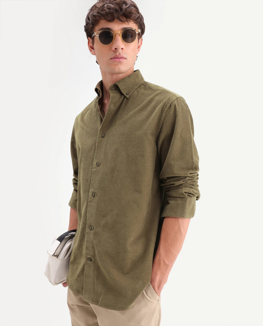 Rare Rabbit Men's Buita-On Light Green Cotton Fabric Button-Down Collar Regular Fit Plain Shirt