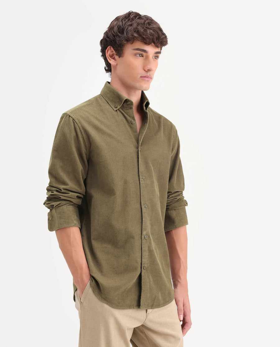 Rare Rabbit Men's Buita-On Light Green Cotton Fabric Button-Down Collar Regular Fit Plain Shirt