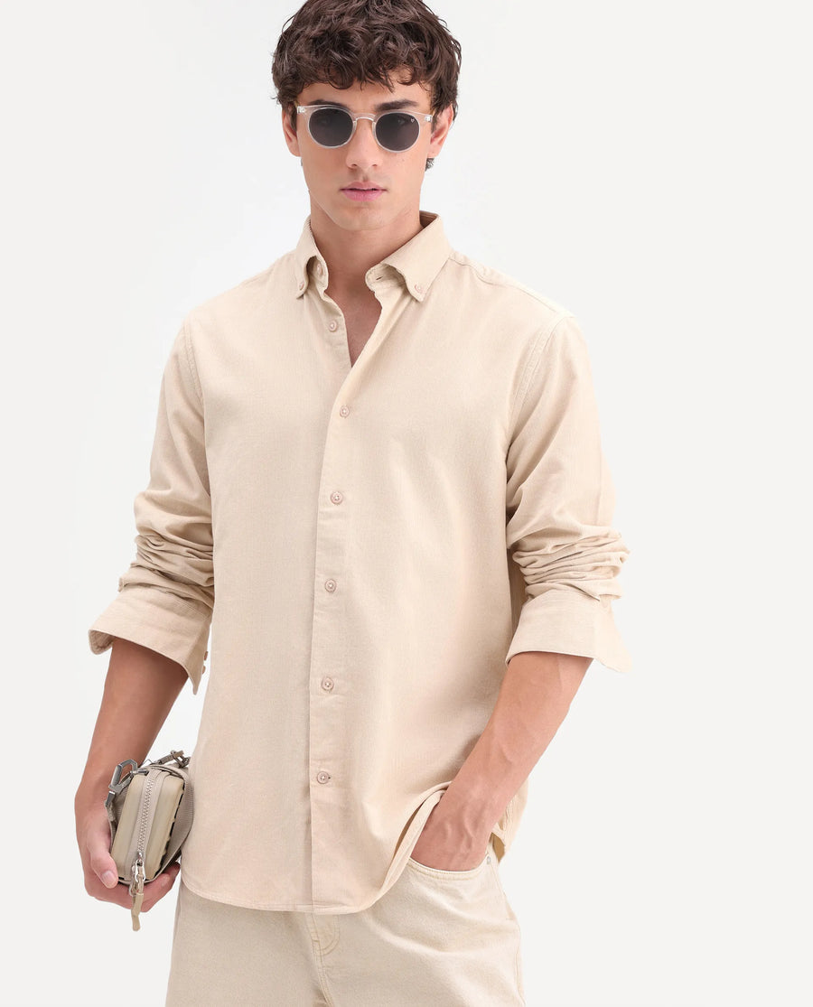 Rare Rabbit Men's Buita-On Off White Cotton Fabric Button-Down Collar Regular Fit Plain Shirt